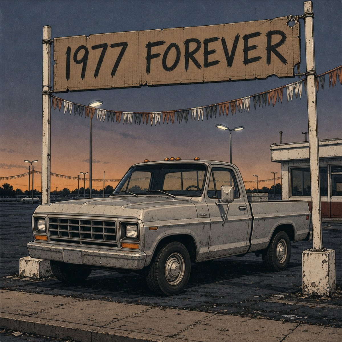 Vintage lot scene, a work truck under a handwritten 1977 forever sign.