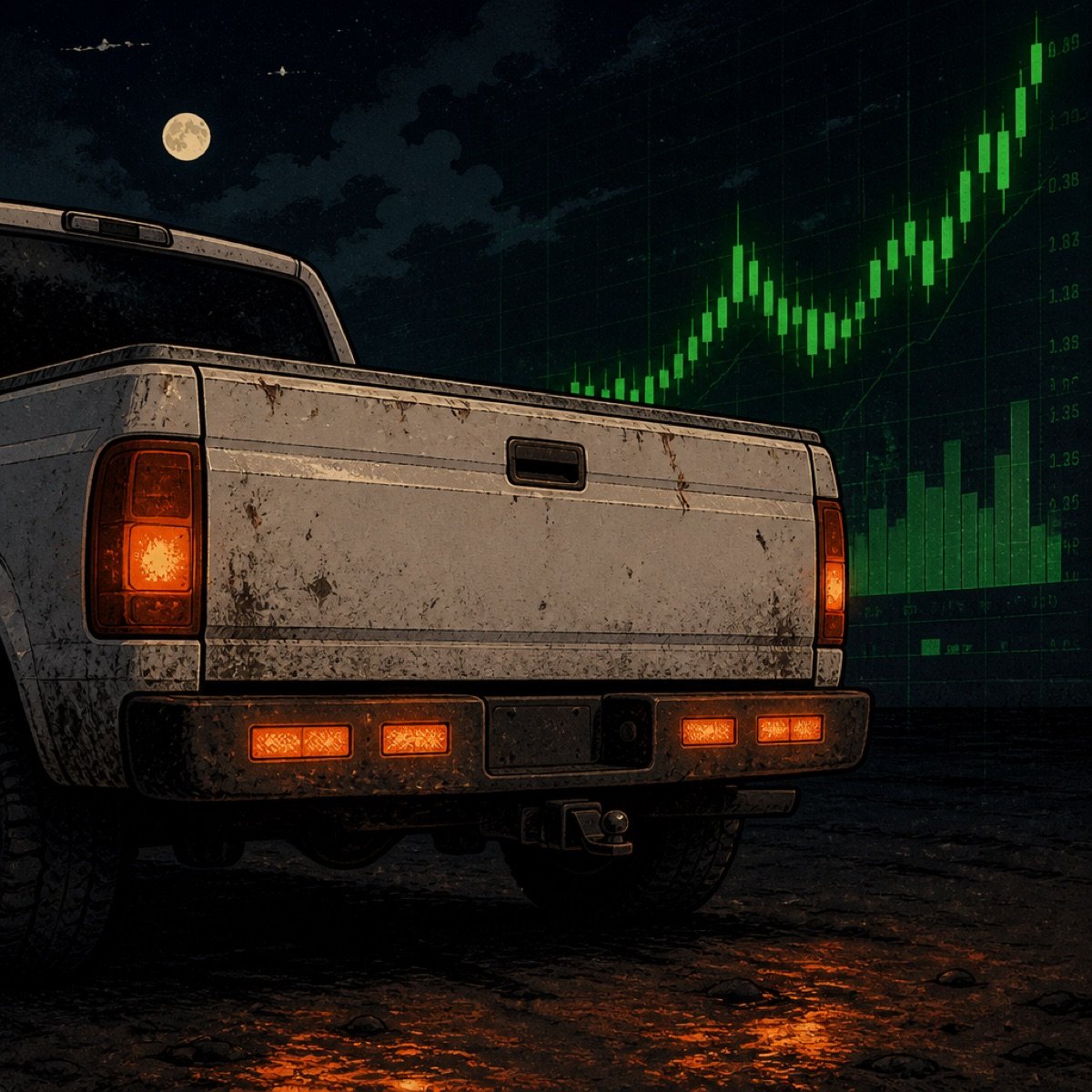 Pickup tail and orange reflectors with a green candlestick chart rising behind.