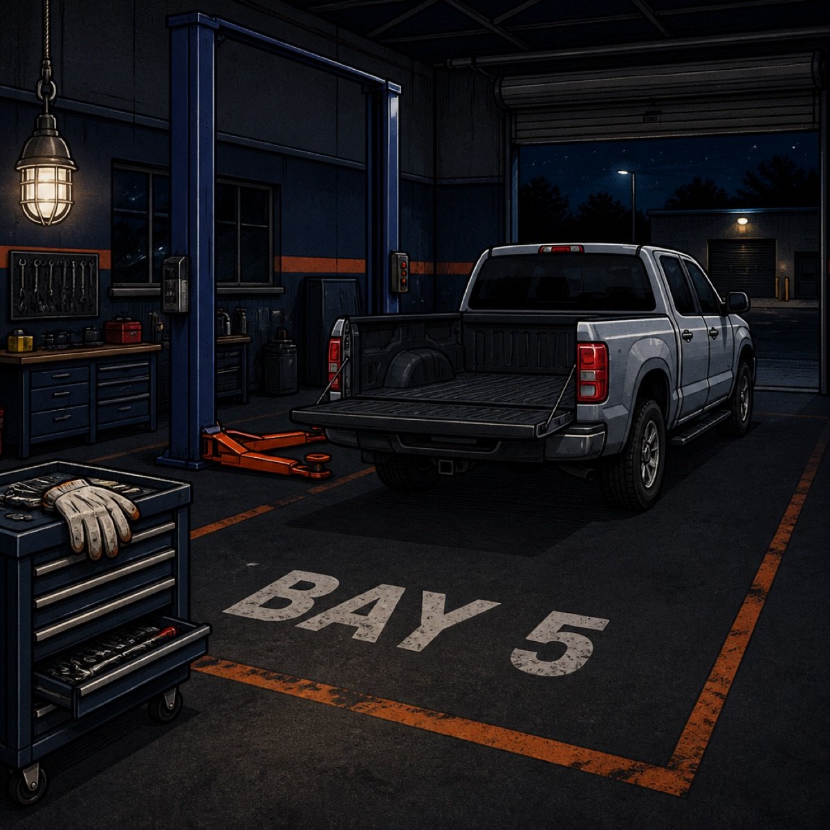 Empty service bay at night, a pickup on the floor, painted bay number, white work gloves on a cart.