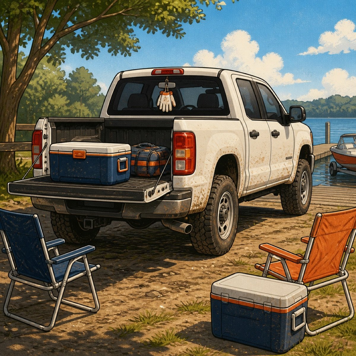 Cartoon pickup with the tailgate down on a sunny weekend, cooler on the bed, no official branding.