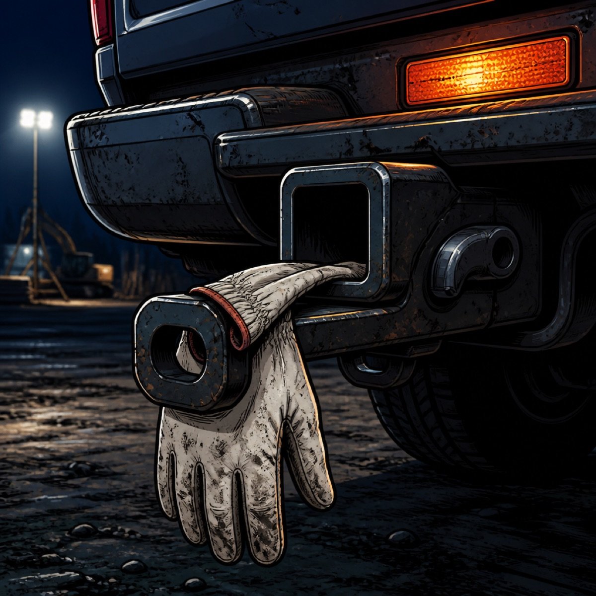 Close-up of a pickup tow hook with a white work glove hanging off it.