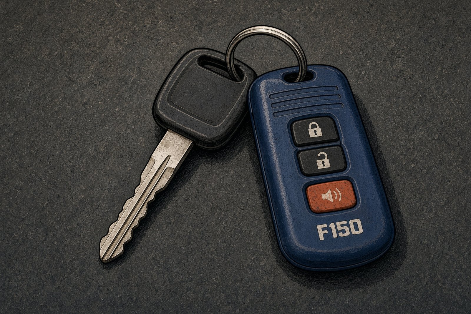 A metal truck key and a navy remote fob on a ring, stamped $F150. No official branding.
